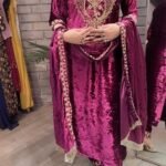 Elegant 3 piece velvet suit with zari coding work 