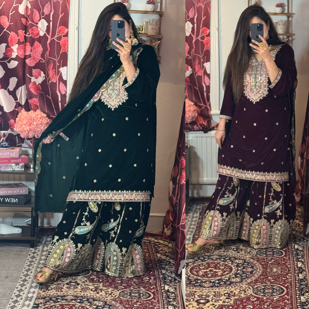 Velvet heavy embroidered Shararah suits